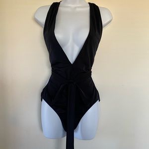Jantzen  One Piece Black V Neck Tie Swimsuit